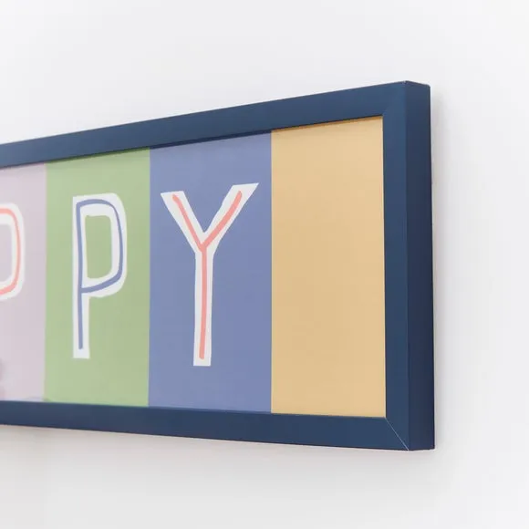 Happy Framed Print - Multicolor, Blue Frame