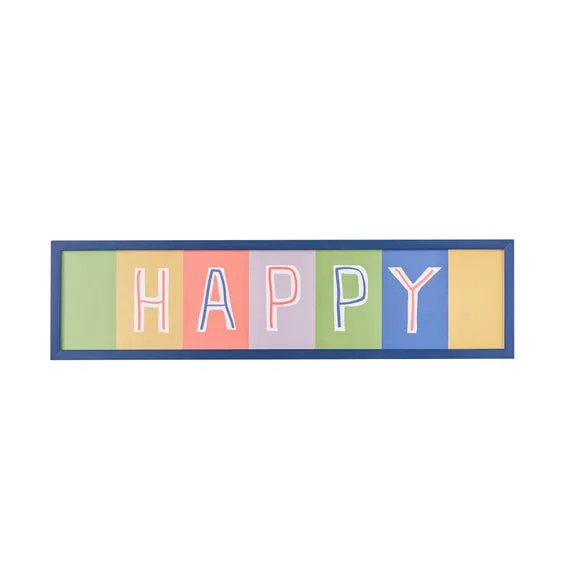 Happy Framed Print - Multicolor, Blue Frame