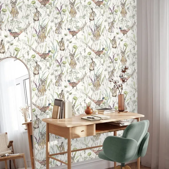 Hare and Pheasant Wallpaper - Sage