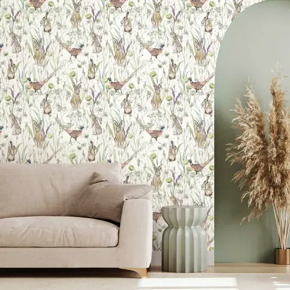 Hare and Pheasant Wallpaper - Sage image