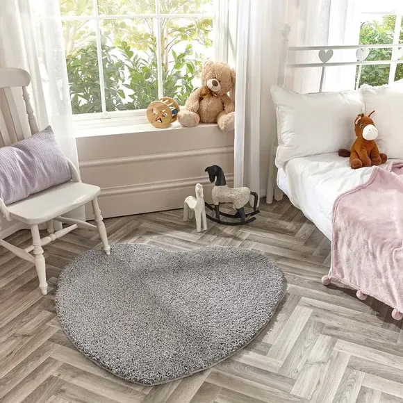 Heart Shaggy Rug Machine Washable - Silver