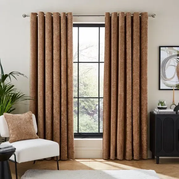 Heavyweight Eyelet Curtains - Caramel, Chenille
