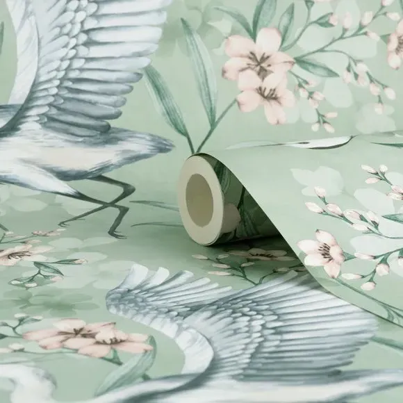 Heron Wallpaper with Pearlescent Highlights - Seafoam