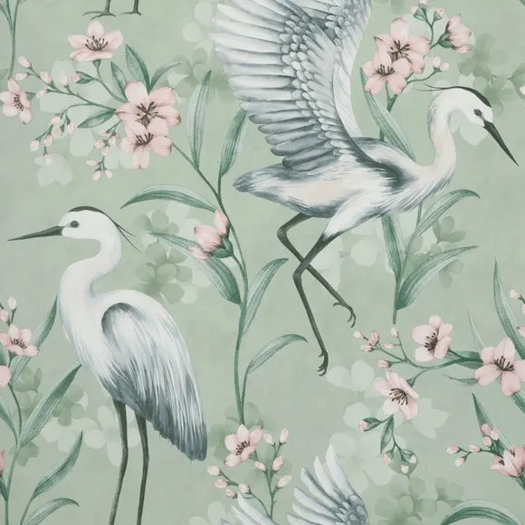 Heron Wallpaper with Pearlescent Highlights - Seafoam