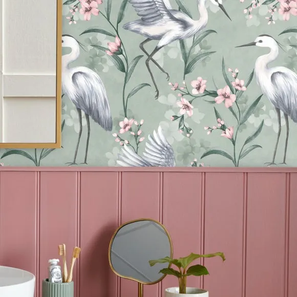 Heron Wallpaper with Pearlescent Highlights - Seafoam