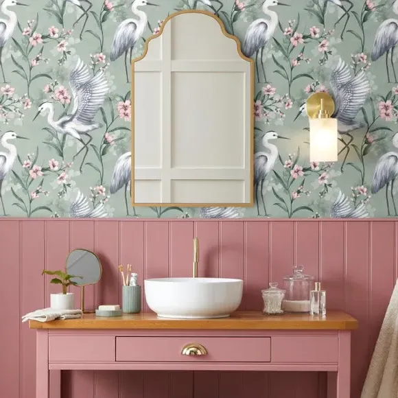 Heron Wallpaper with Pearlescent Highlights - Seafoam