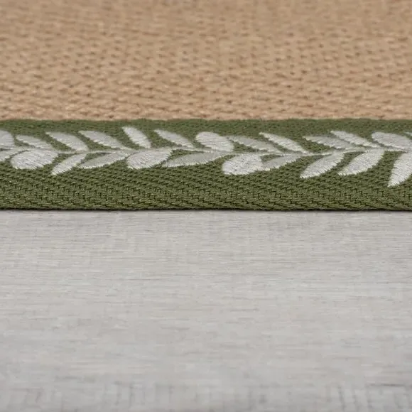 Herringbone Border Rug with Embroidery - Olive, Jute