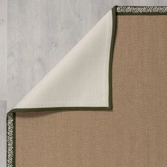 Herringbone Border Rug with Embroidery - Olive, Jute