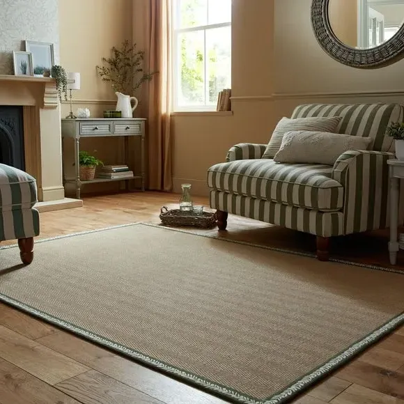 Herringbone Border Rug with Embroidery - Olive, Jute