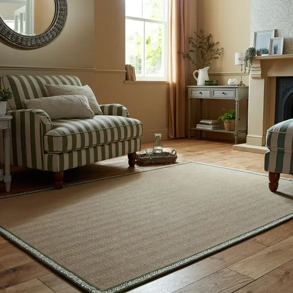 Herringbone Border Rug with Embroidery - Olive, Jute image
