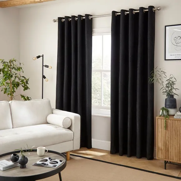 Herringbone Eyelet Curtains - Black, Chenille