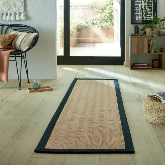 Herringbone Runner Rug with Border - Black, Jute