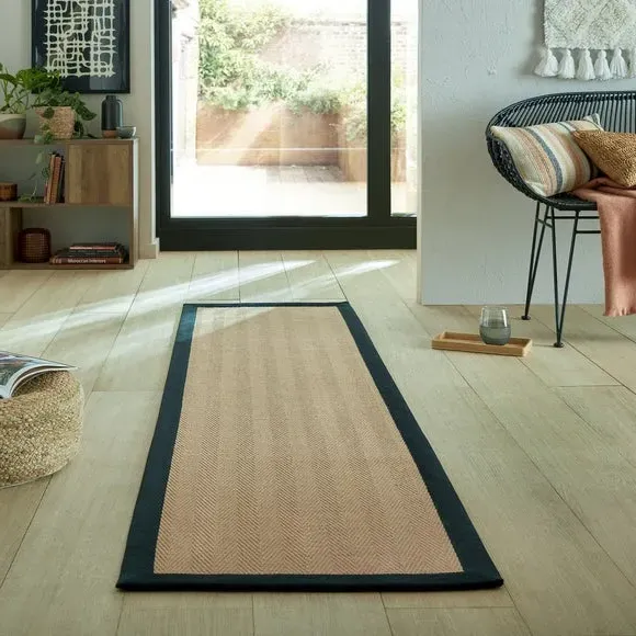 Herringbone Runner Rug with Border - Black, Jute