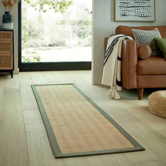 Herringbone Runner Rug with Border - Green, Jute