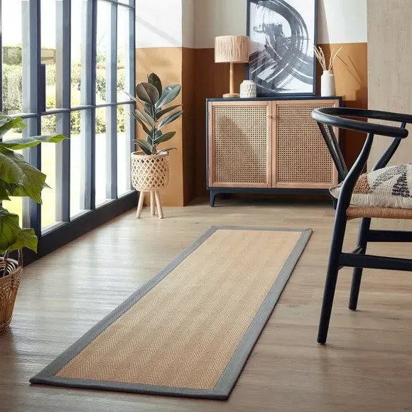 Herringbone Runner Rug with Border - Grey, Jute