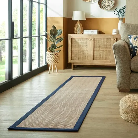 Herringbone Runner Rug with Border - Navy, Jute