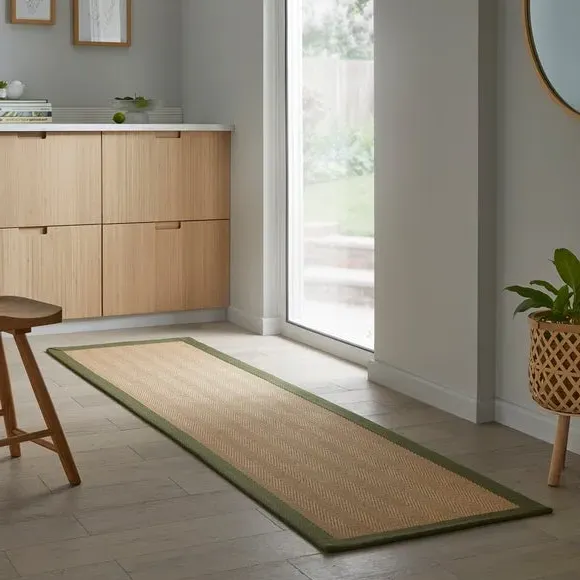Herringbone Runner Rug with Border - Olive, Jute