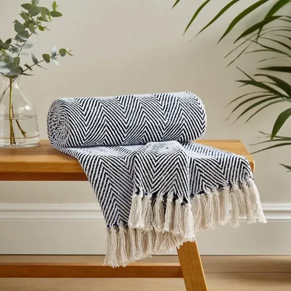 Herringbone Throw Blanket - Navy, Cotton