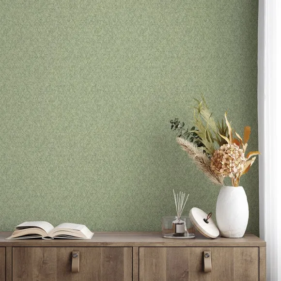 Herringbone Wallpaper with Fabric Effect - Sage