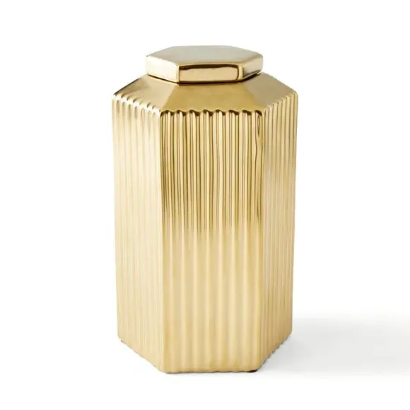 Hexagonal Ginger Jar with Ribbed Texture - Gold
