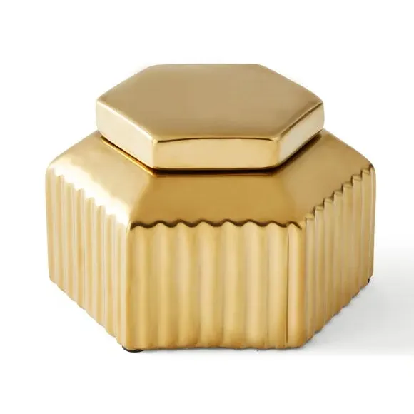 Hexagonal Ginger Jar with Ribbed Texture - Gold