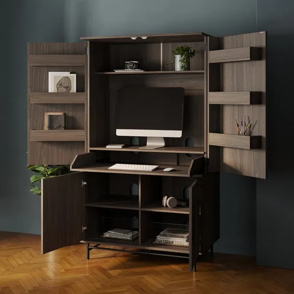 Hideaway Computer Cabinet with Keyboard Tray - Walnut