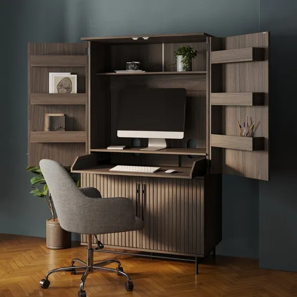 Hideaway Computer Cabinet with Keyboard Tray - Walnut