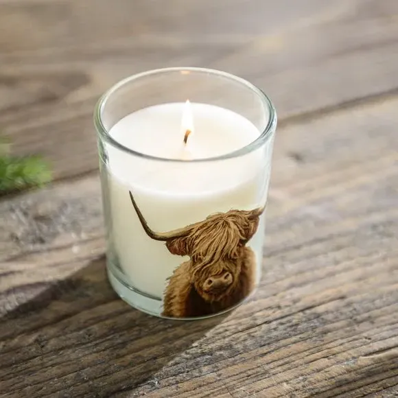 Highland Cow Candle with Wooden Lid - Clear Glass