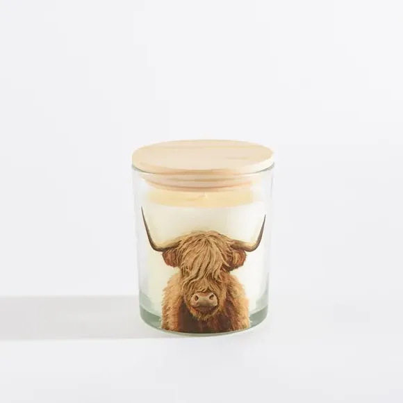 Highland Cow Candle with Wooden Lid - Clear Glass