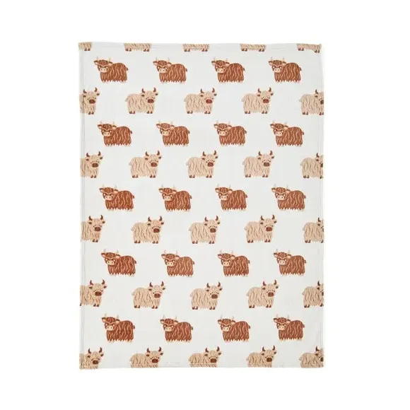 Highland Cow Fleece Throw Blanket - Natural