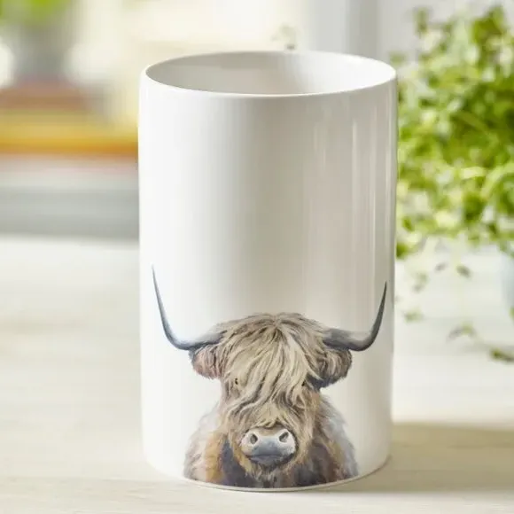 Highland Cow Utensil Jar - White, Stoneware image
