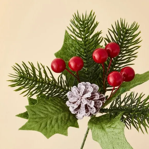 Holly Berry & Cone Pick - Green, Artificial