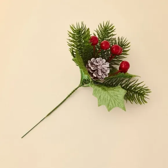 Holly Berry & Cone Pick - Green, Artificial