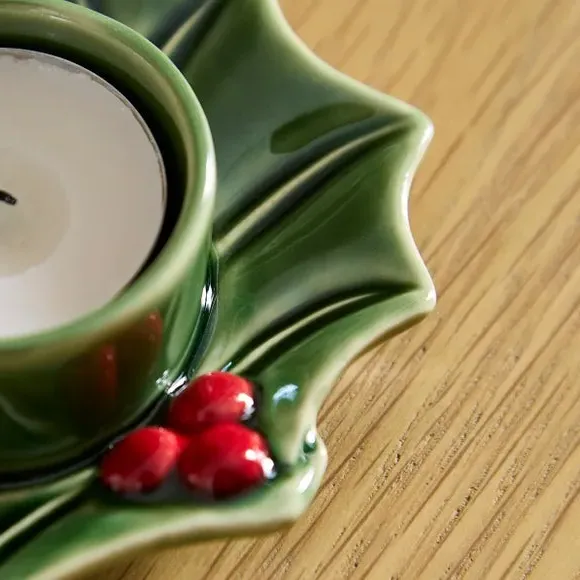 Holly Tealight Holder - Green, Ceramic