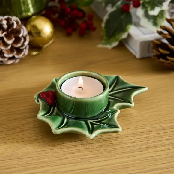 Holly Tealight Holder - Green, Ceramic image