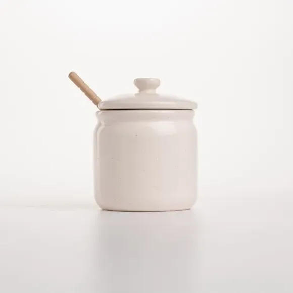 Honey Pot with Dipper - Cream, Stoneware