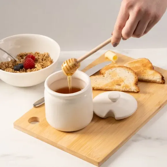 Honey Pot with Dipper - Cream, Stoneware