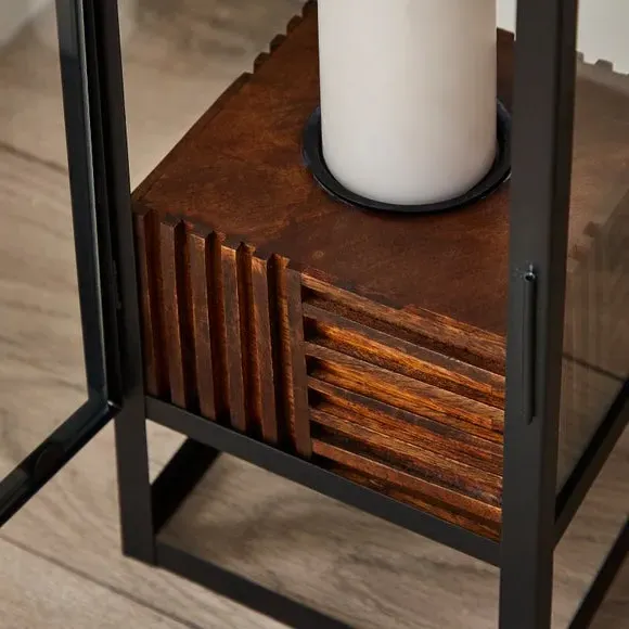Hurricane Lantern with Glass Panel - Brown, Mango Wood