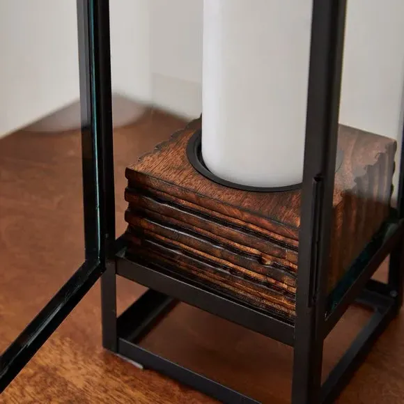 Hurricane Lantern with Glass Panel - Brown, Mango Wood