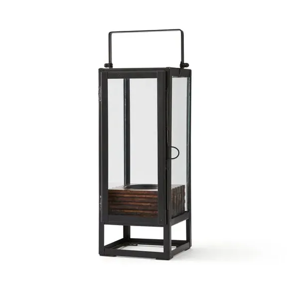 Hurricane Lantern with Glass Panel - Brown, Mango Wood