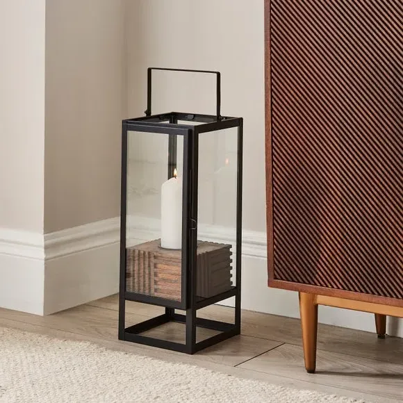 Hurricane Lantern with Glass Panel - Brown, Mango Wood