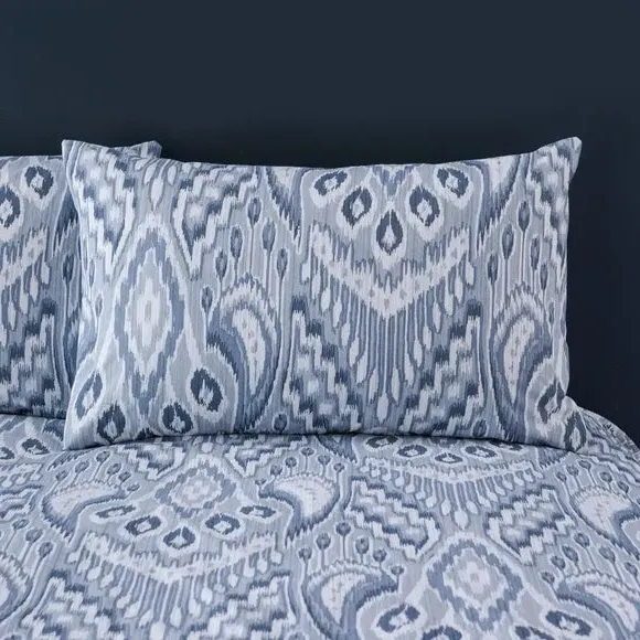 Ikat Duvet Cover Set with Button Closure - Blue, Cotton