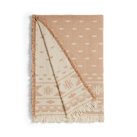 Ikat Throw Blanket Reversible - Camel, Cotton