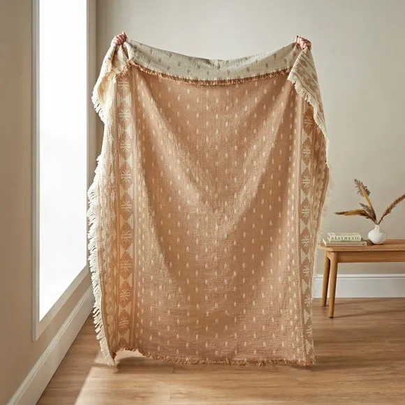Ikat Throw Blanket Reversible - Camel, Cotton