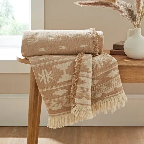 Ikat Throw Blanket Reversible - Camel, Cotton