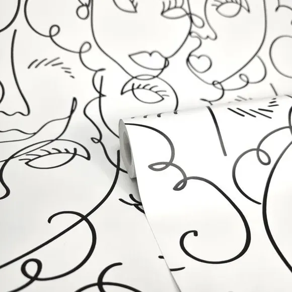 Illustrated Wallpaper with Face Design - Natural