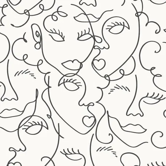 Illustrated Wallpaper with Face Design - Natural