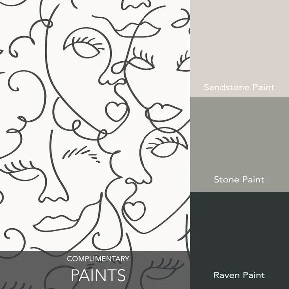 Illustrated Wallpaper with Face Design - Natural