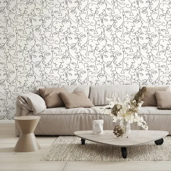 Illustrated Wallpaper with Face Design - Natural