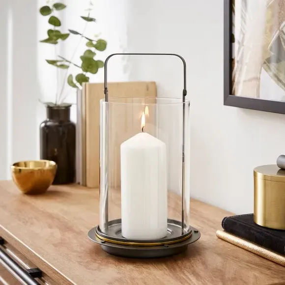 Industrial Lantern with Glass Panels - Black, Metal